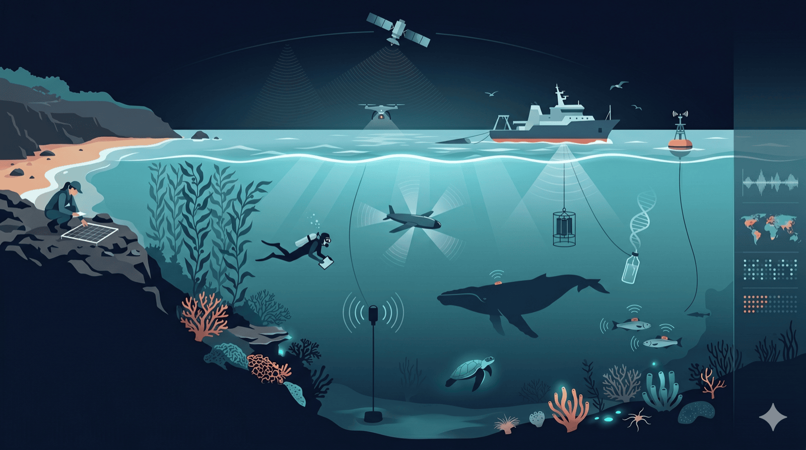 Scientific cross-section illustration showing ocean observation methods from satellite to seafloor