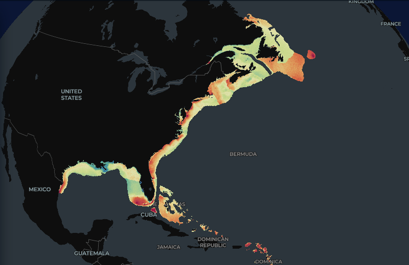 BioTrack ecoregion-weighted richness of all species in summer, on the OceanMetrics Atlas: click to open the interactive map